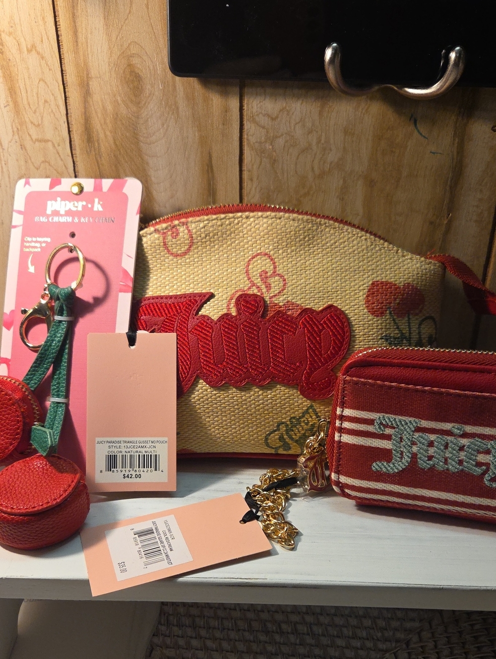 Juicy Couture Natural Straw Pouch  Red Logo Wallet  2 Cherry Accents Hang Tag